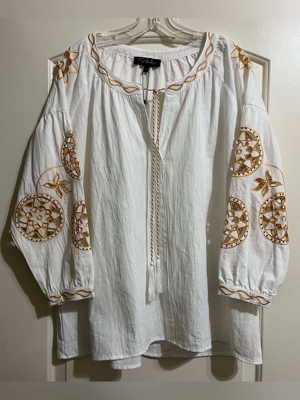 NWT Anthropologie RD & Koko Embroidered Linen White Gold Blouse L